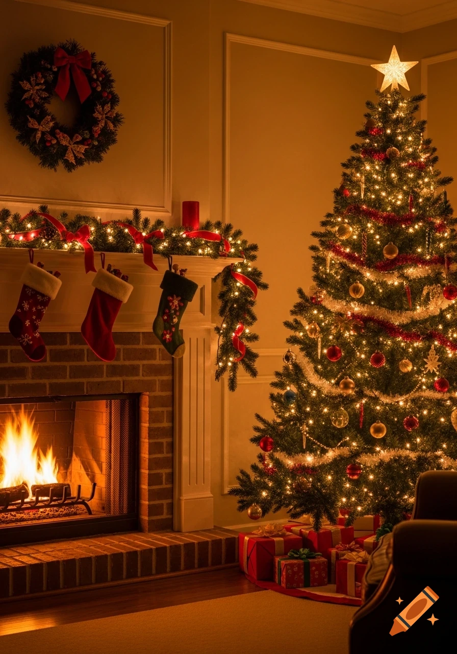 A cozy living room scene with a brightly lit Christmas tree next to a roaring fireplace, adorned with stockings and garland.