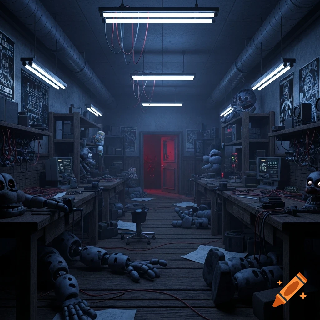 Dimly lit, cluttered horror workshop with animatronic parts on tables and floor, and a red-lit doorway.