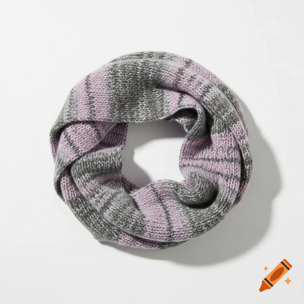 A purple and grey striped knitted infinity scarf, draped on a white background with soft shadows.
