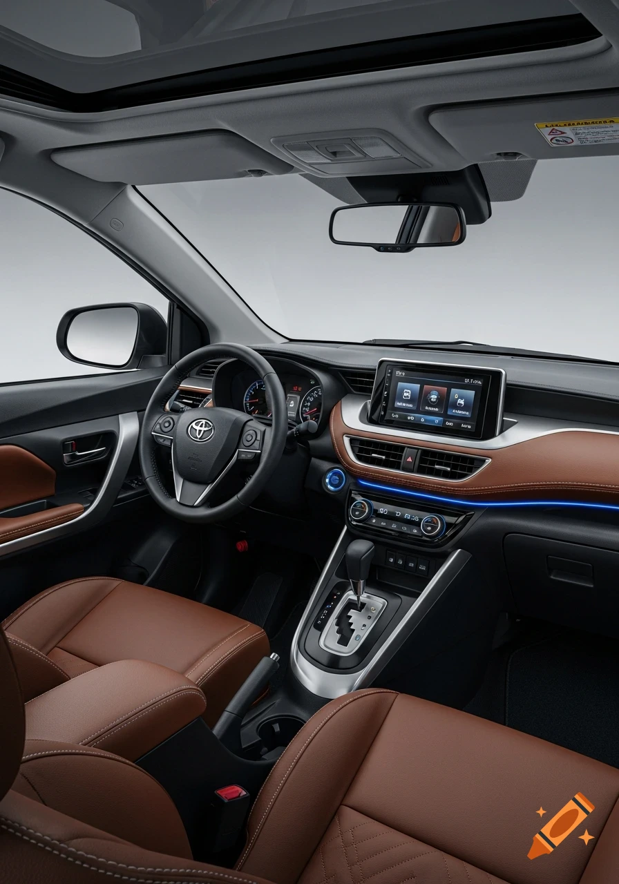 Detailed interior of a 2019 Toyota Sidaba, featuring brown leather seats and trim, a modern infotainment screen, and a sunroof.