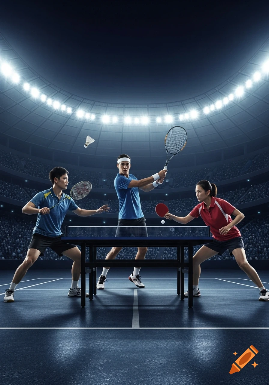 Three athletes, a badminton player, a tennis player, and a table tennis player, in action on a court in a dramatic sports arena.