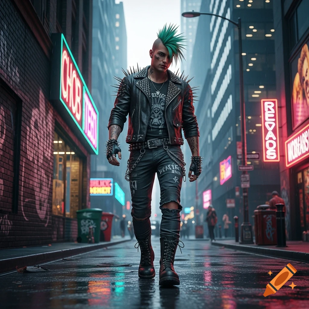 Hyperrealistic image of a punk man with a green mohawk and spiked leather jacket walking on a wet city street at night.