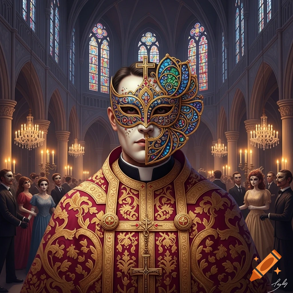 A man in an ornate red and gold priest's robe wears a jewel-encrusted half-mask in a Gothic church with masked attendees.