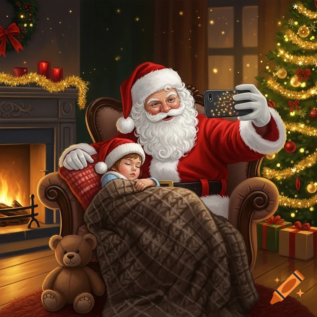 Santa Claus takes a selfie with a sleeping child on his lap in a cozy, festive living room with a Christmas tree and fireplace.