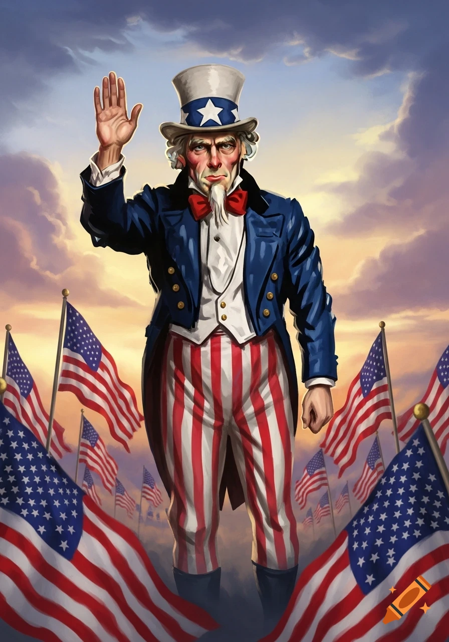 Uncle Sam in a top hat and striped pants, raising his hand, surrounded by American flags under a dramatic sky. Illustration style.