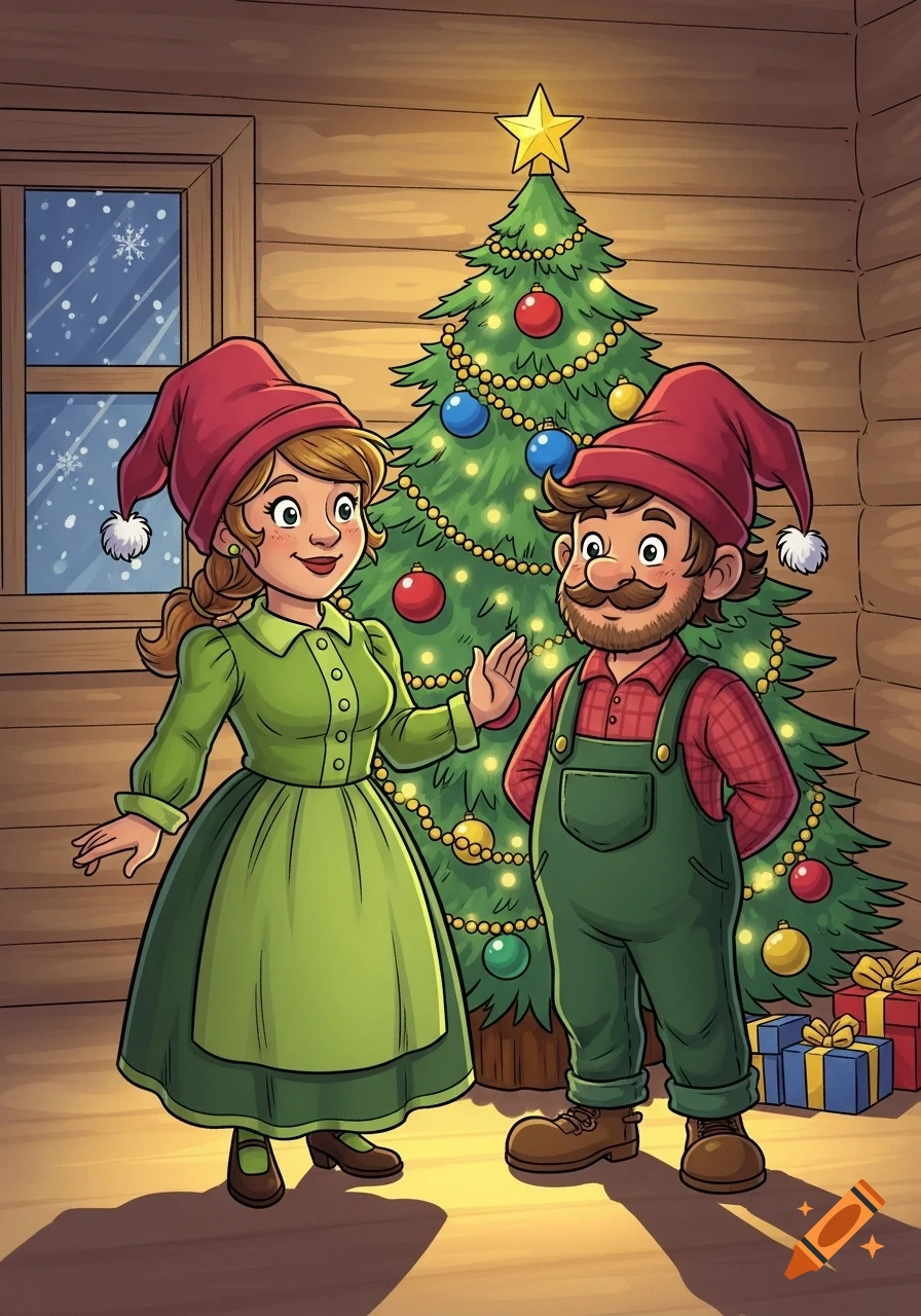 A cartoon gnome couple in red hats and green outfits stands by a decorated Christmas tree in a cozy cabin on a snowy evening.