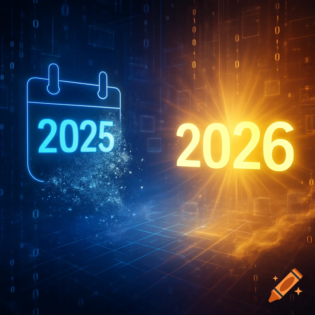 A blue glowing 2025 in a calendar icon dissolving into particles next to a bright yellow glowing 2026 on a digital background with binary code.