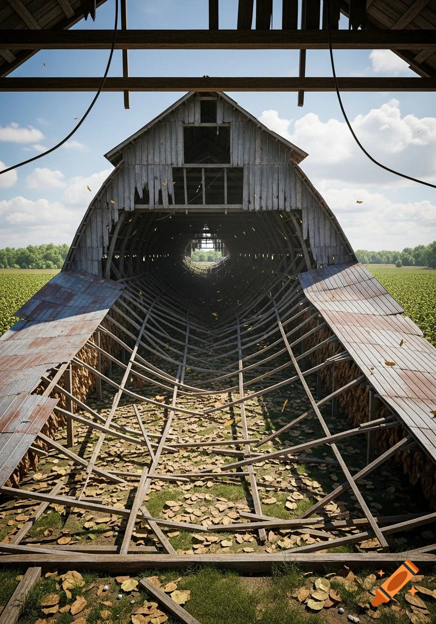 Photorealistic image of a large, abandoned tobacco drying shed with its roof collapsed, viewed from inside-out, surrounded by green fields under a blue sky.