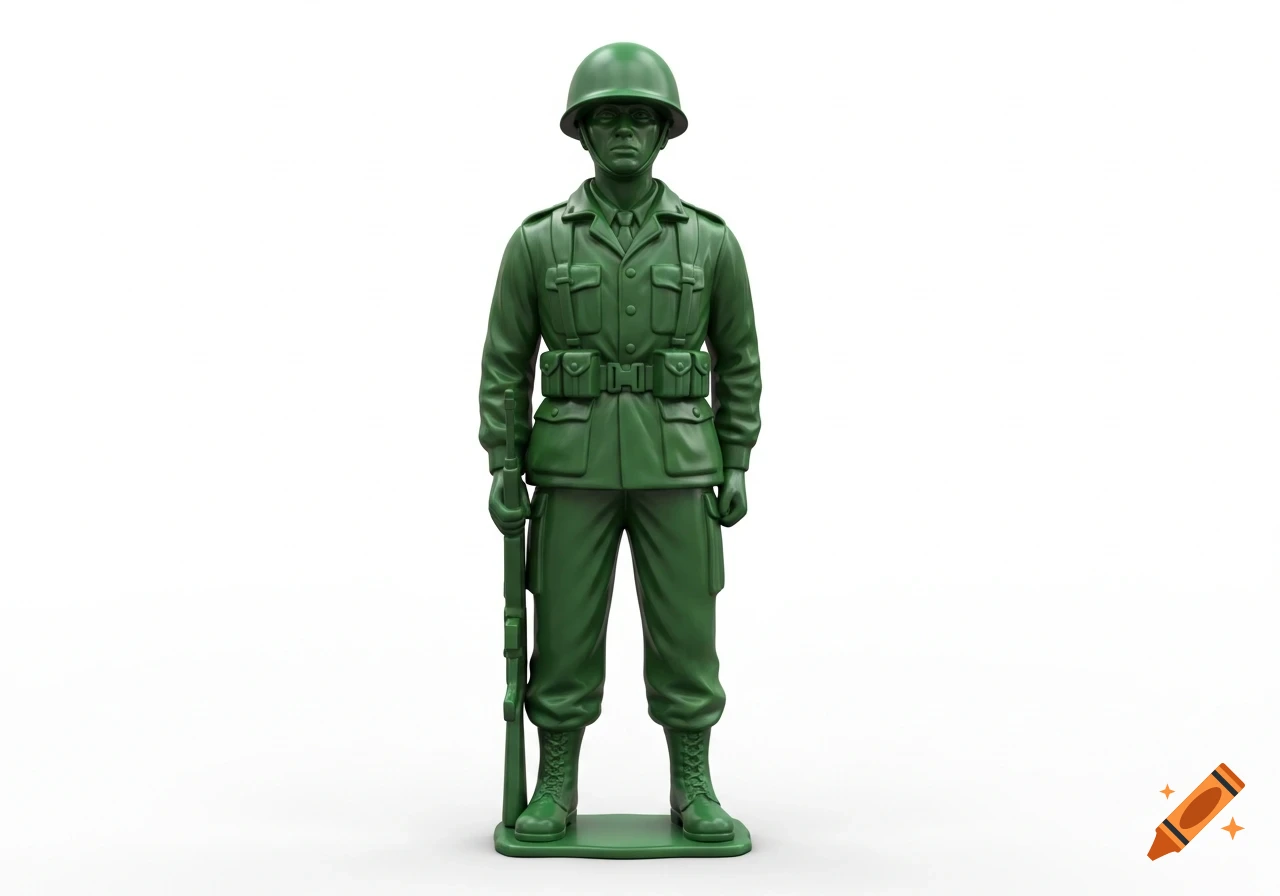 A green plastic toy soldier stands at attention on a white background, holding a rifle.