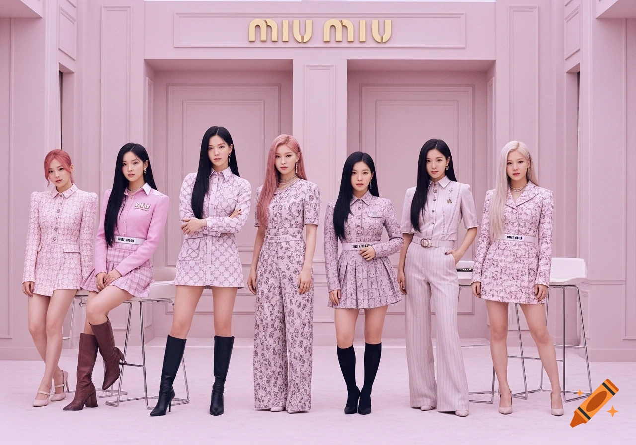 Six women of a kpop group pose in a fashion photoshoot, wearing pink Miu Miu outfits against a pink backdrop.