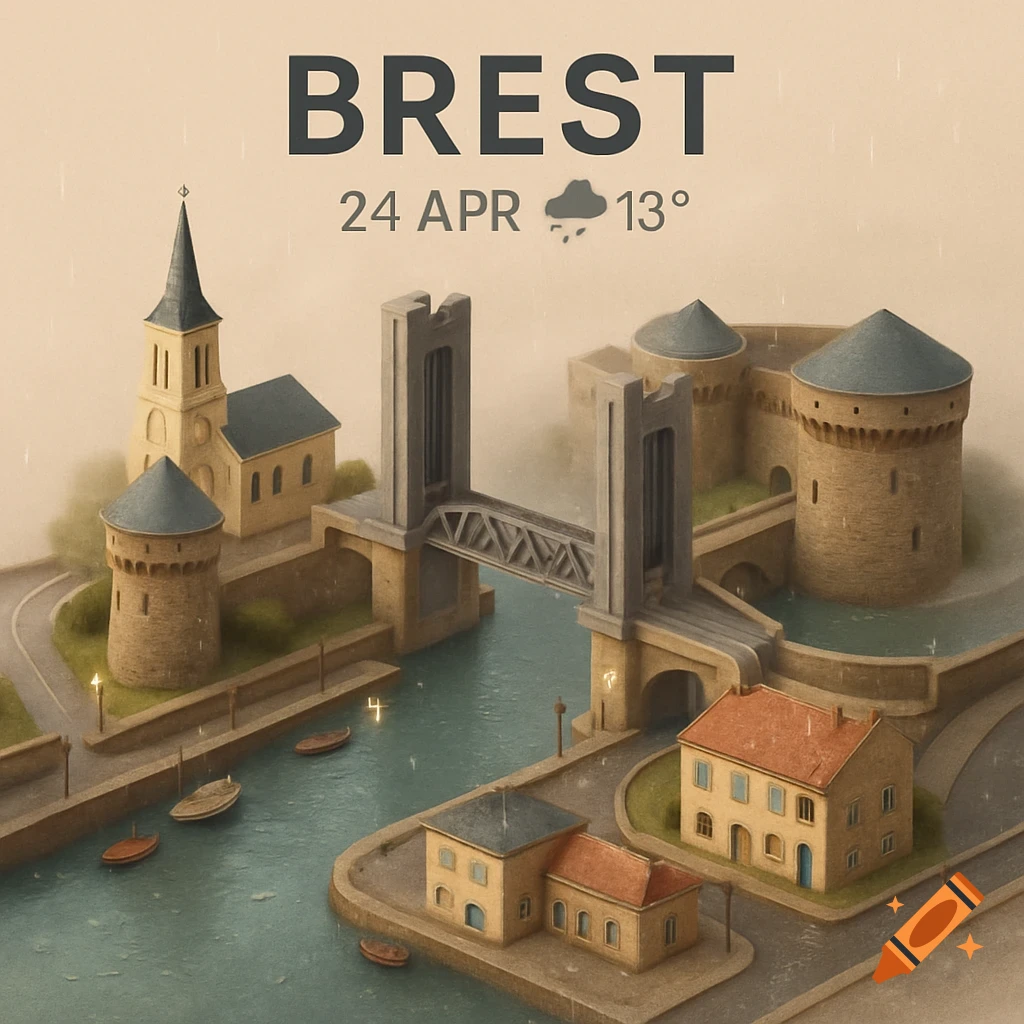 Isometric miniature city of Brest with a bridge, castle, church, river, and weather display for 24 APR, 13 degrees, raining.