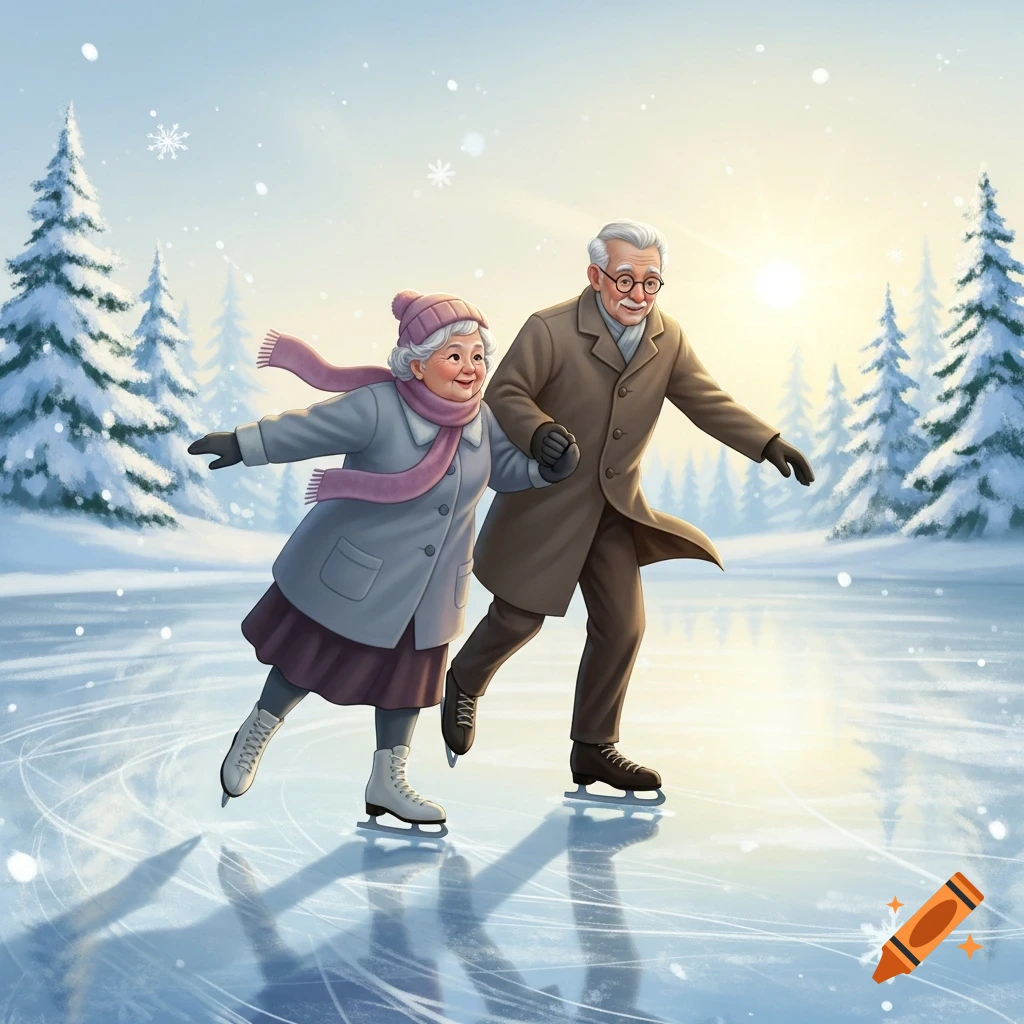 Illustrated elderly couple ice skating on a sunny winter day, holding hands.