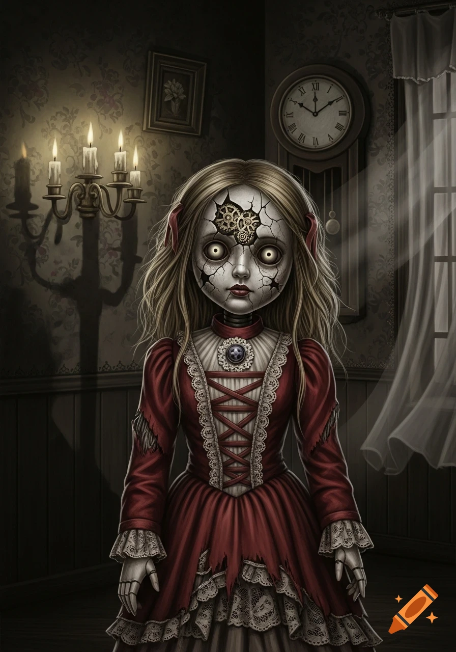 A creepy mechanical doll with a cracked face, glowing eyes, and visible gears, wearing a red gothic dress, stands in a dimly lit room.