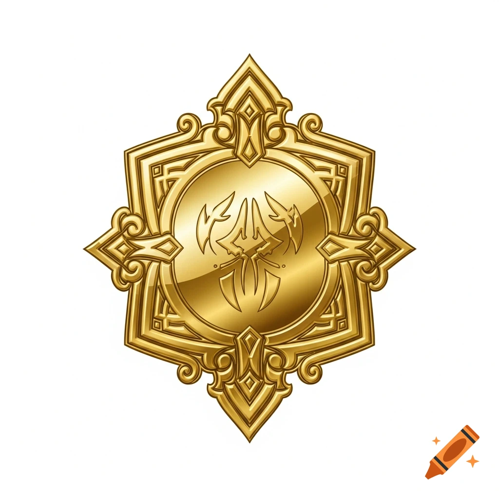 A detailed golden badge with an intricate, stylized symbol in the center, set against a plain white background.