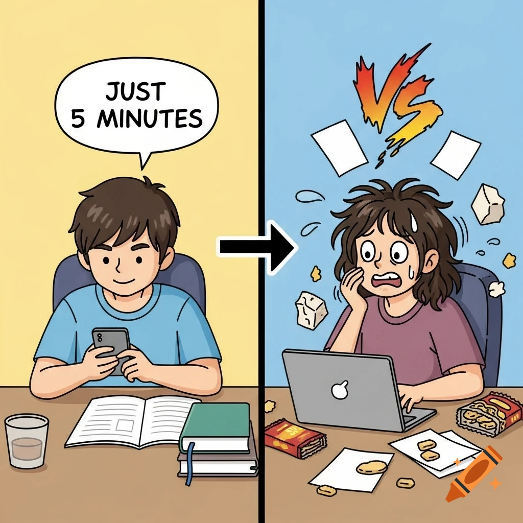 Split-screen cartoon: Left shows a person on a phone, thinking "JUST 5 MINUTES". Right shows the same person panicked with a messy desk and laptop.