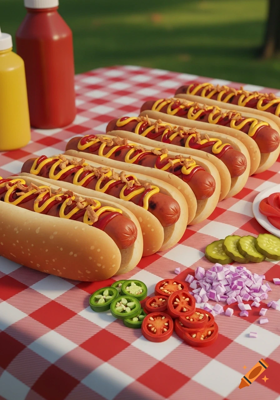 A row of hot dogs topped with mustard, ketchup, and crispy onions on a red and white checkered picnic table with various fresh toppings.