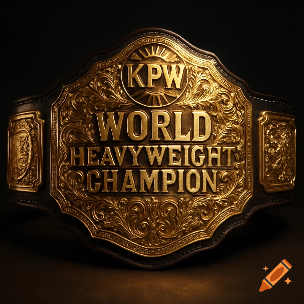 A detailed, gold and black championship wrestling belt with 'KPW WORLD HEAVYWEIGHT CHAMPION' embossed on a dark background.