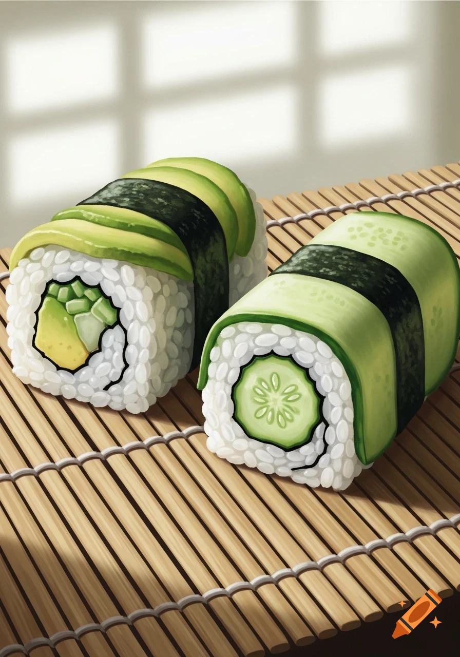 Two pieces of sushi, one with avocado slices and one wrapped in cucumber, on a bamboo mat with window shadows.