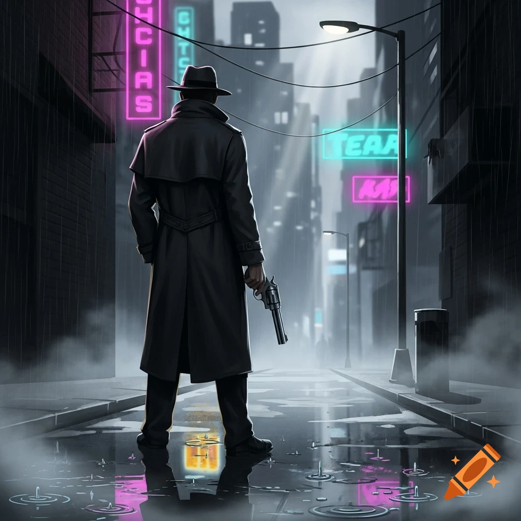 A trench-coated detective with a gun stands in a rainy, neon-lit cyberpunk city street at night, viewed from behind.