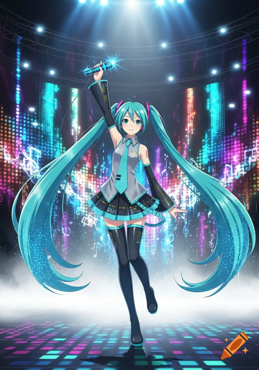 Hatsune Miku on a stage with bright spotlights and colorful light-up panels, holding a glowing microphone.