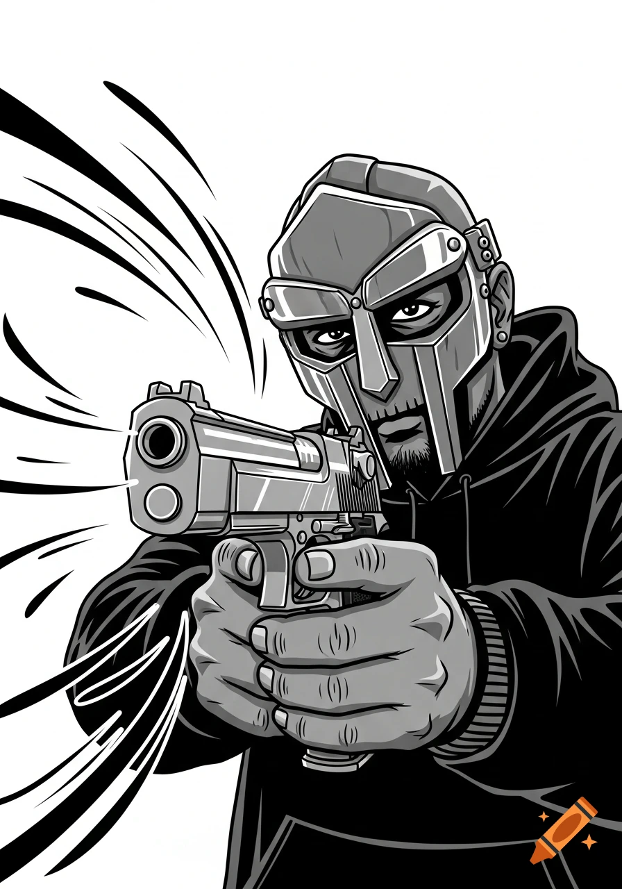 Black and white cartoon of a masked MF Doom-like figure aiming a Desert Eagle pistol.