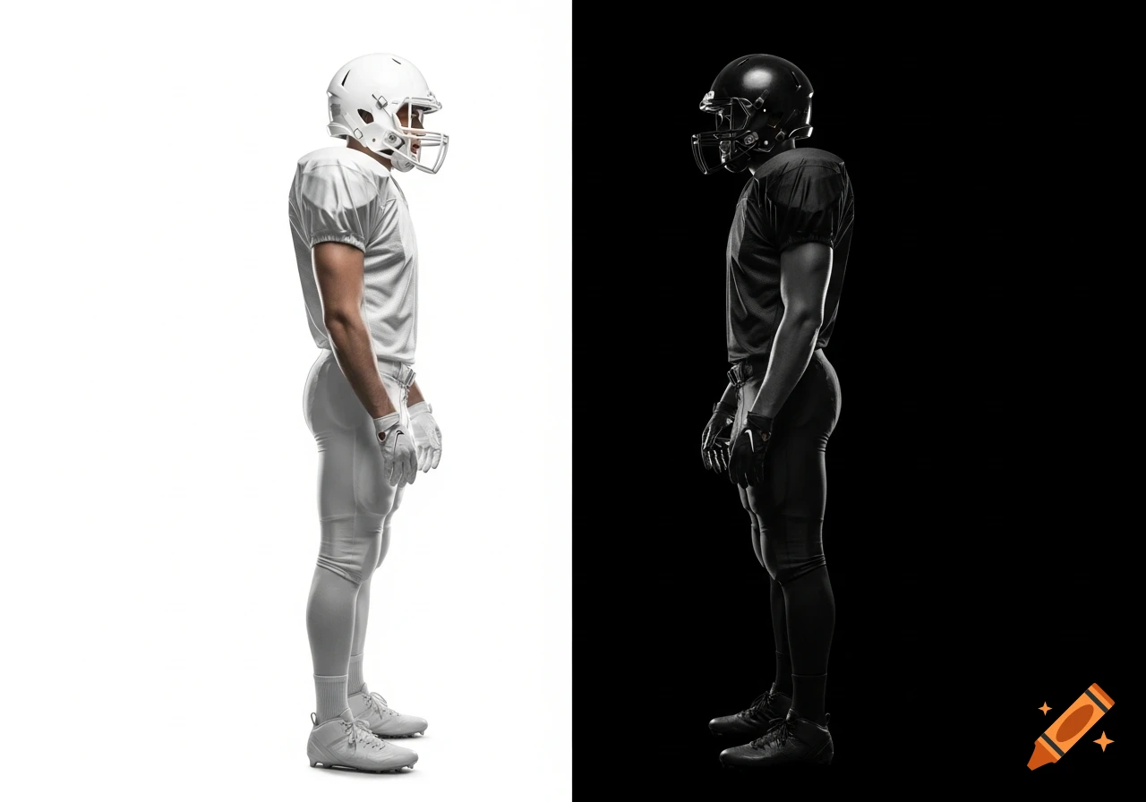 Two identical American football players in side profile, one in a white uniform on a white background and one in a black uniform on a black background.