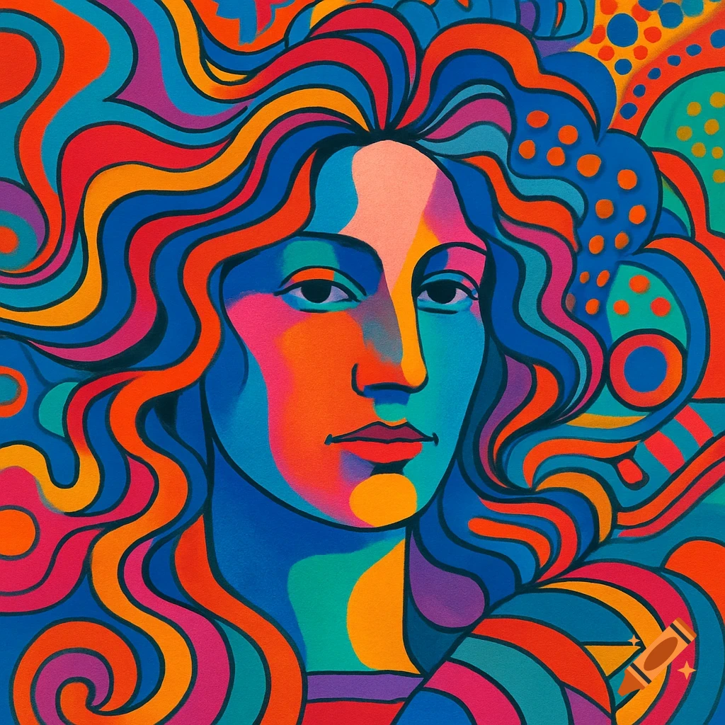 A vibrant, psychedelic pop art portrait of a woman with flowing wavy hair in bright blues, reds, oranges, and pinks.