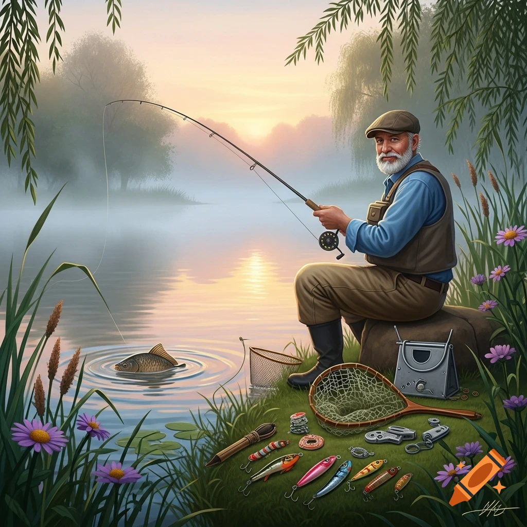 An old man with a beard sits fishing by a foggy lake at sunrise, surrounded by fishing tackle, willow trees, and wildflowers.