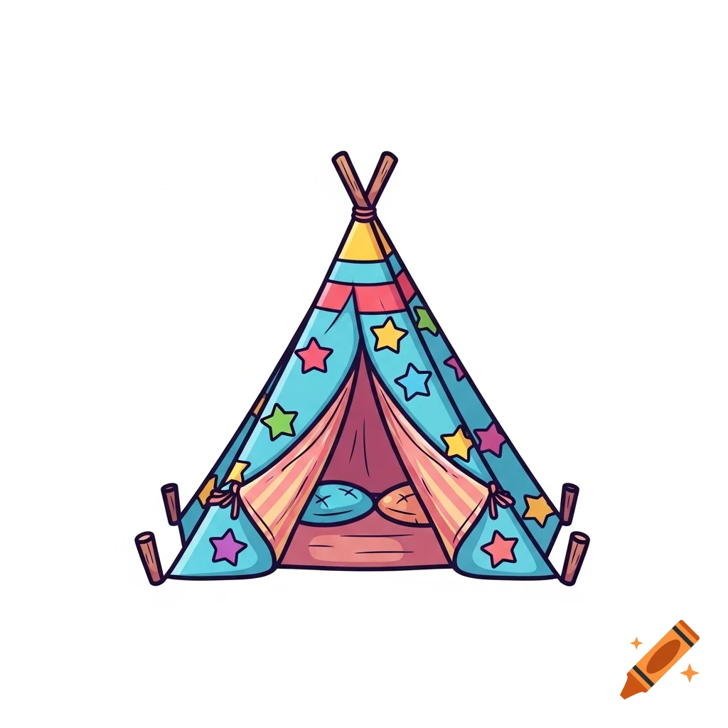 A vibrant cartoon teepee tent with colorful stars and an open entrance, on a white background.