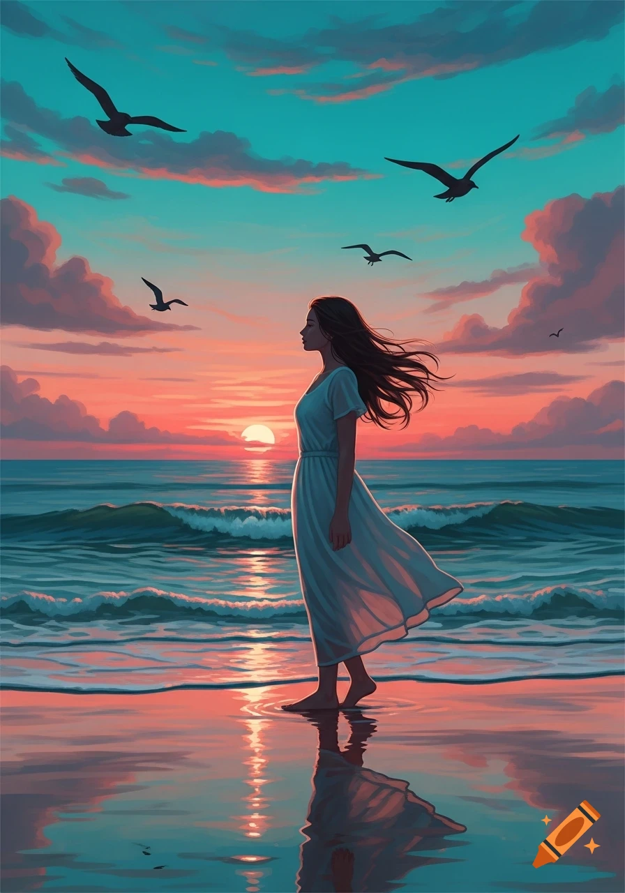 A woman in a white dress stands barefoot on a beach at sunset, with ...