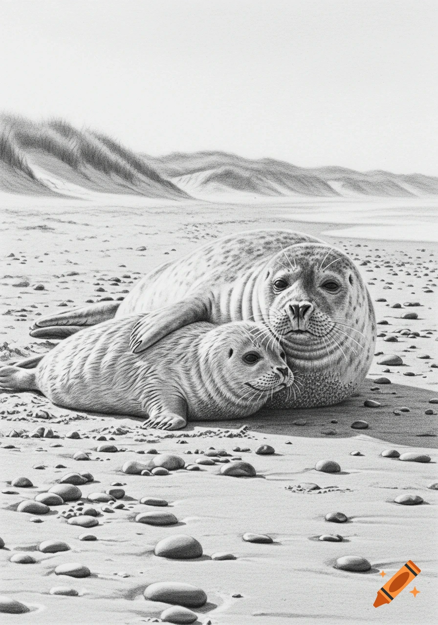 A detailed pencil drawing depicts a mother seal and her pup lying affectionately on a sandy beach, with pebbles and distant dunes.