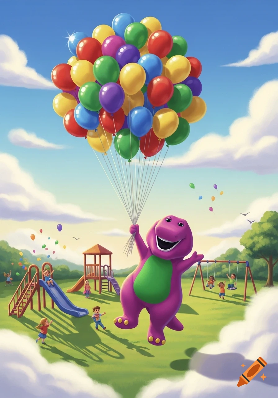 A cheerful Barney the dinosaur floats high above a vibrant playground, holding many colorful balloons as children play.