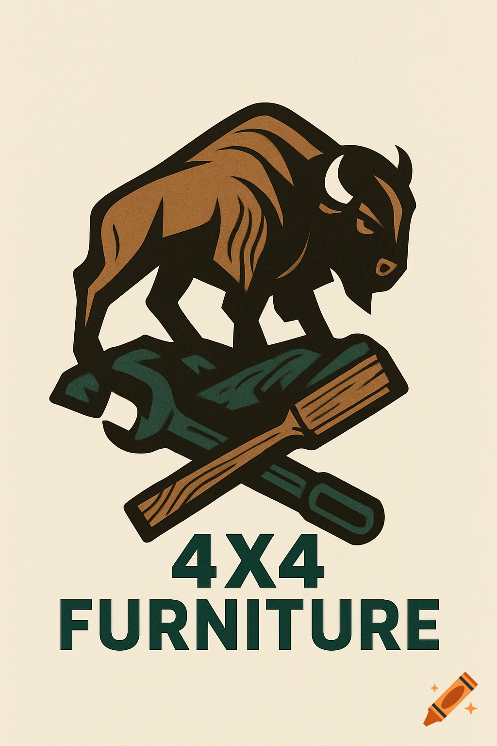 A stylized logo featuring a brown and black bison standing atop a crossed green wrench and brown hammer, with '4X4 FURNITURE' text below, on a cream background.