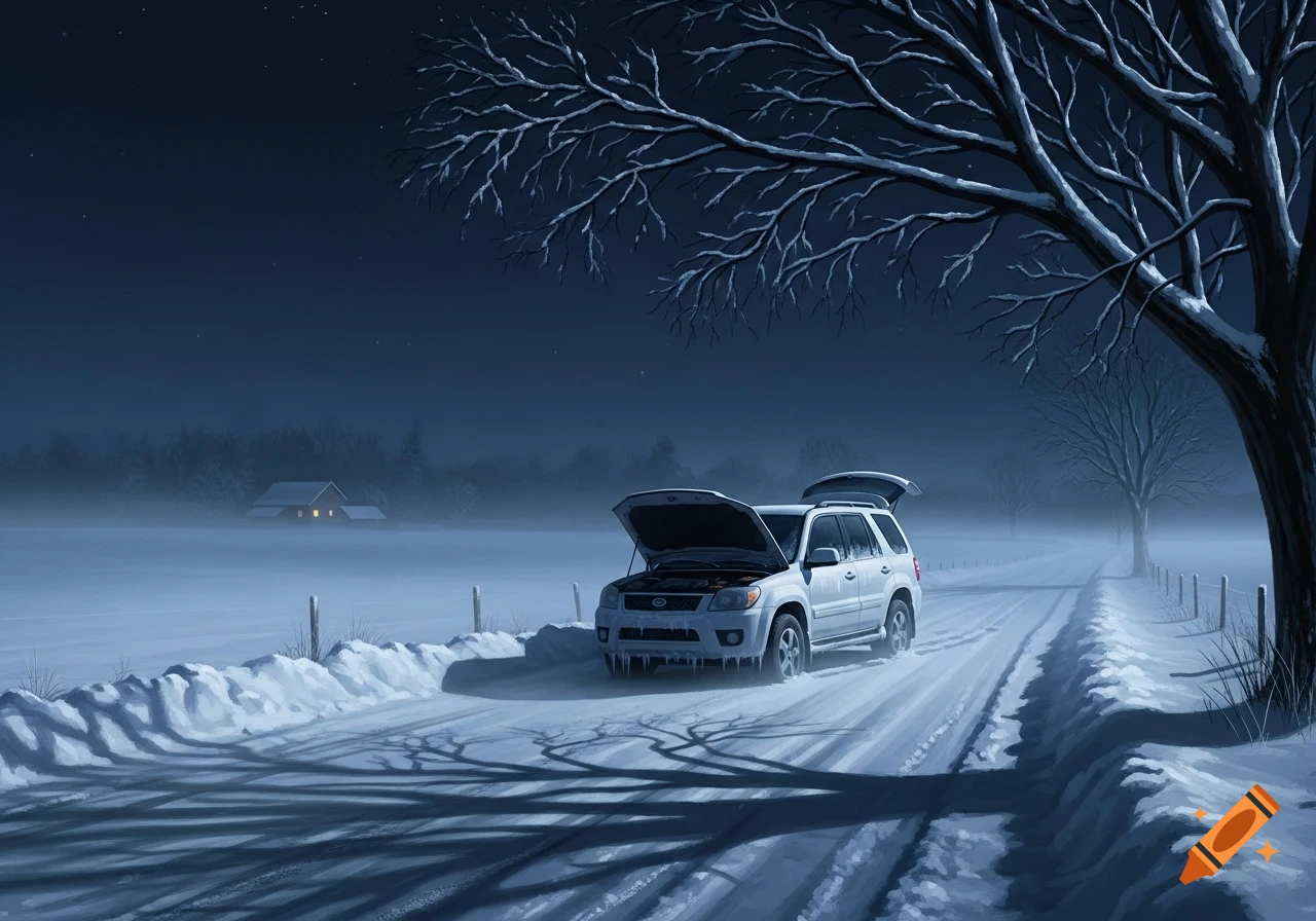 A white SUV with its hood and trunk open is broken down on a dark, snowy country road at night, depicted in a digital painting.