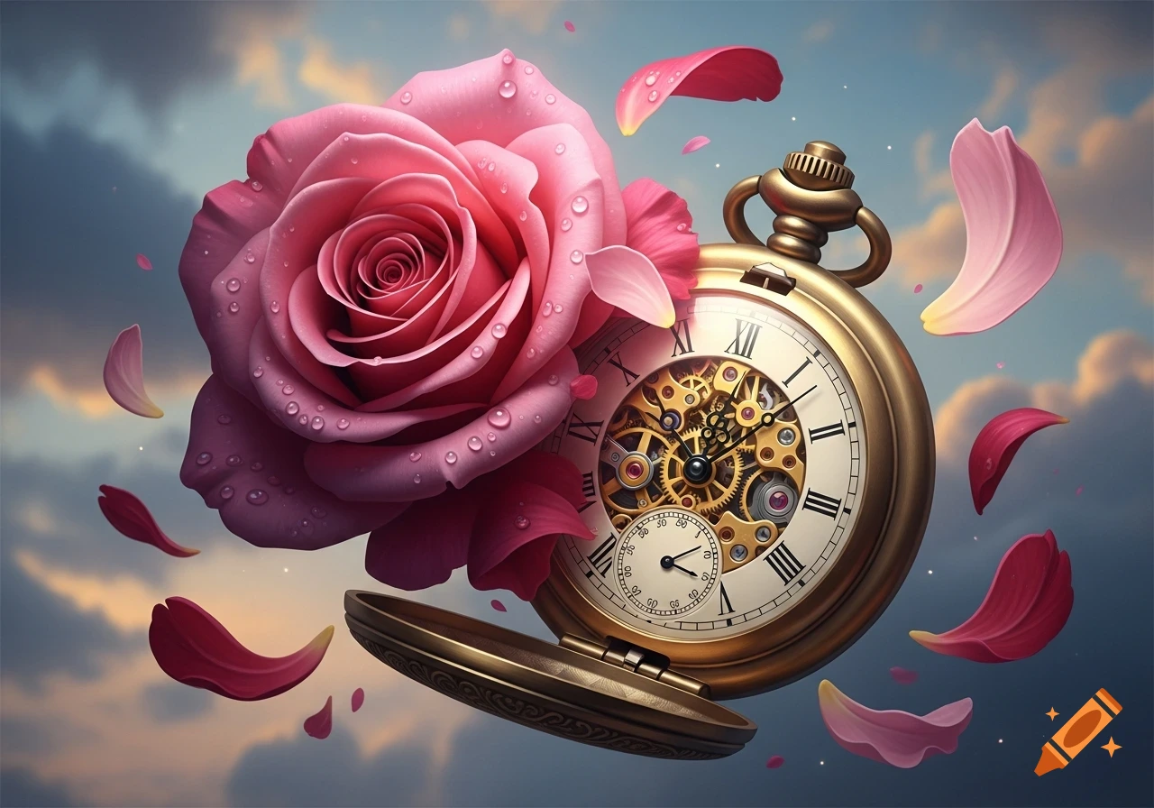 A surreal image of a pink rose with water droplets merging with an open golden pocket watch, with petals floating against a cloudy sky.