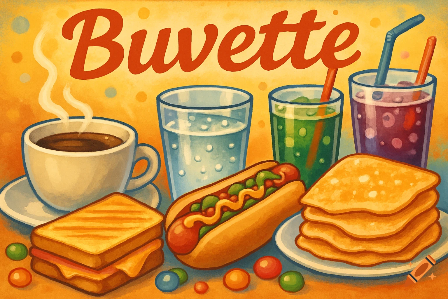 A vibrant illustration of a cafe banner with "Buvette" written above coffee, water, sodas, a hot dog, sandwich, and pancakes.