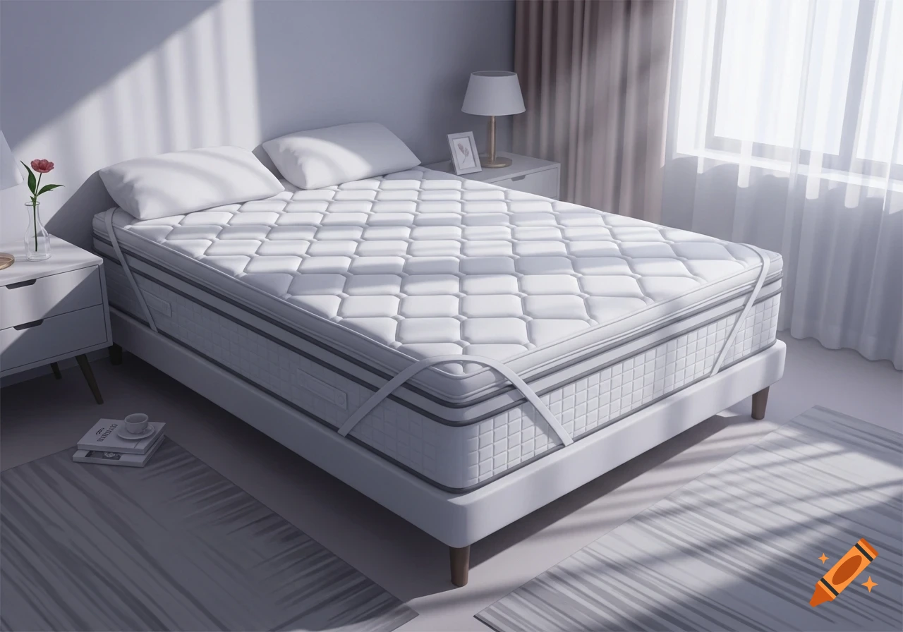 A pristine white mattress with a topper secured by elastic straps rests on a bed frame in a sunlit bedroom. Pillows, a nightstand with a rose, and a lamp complete the scene.