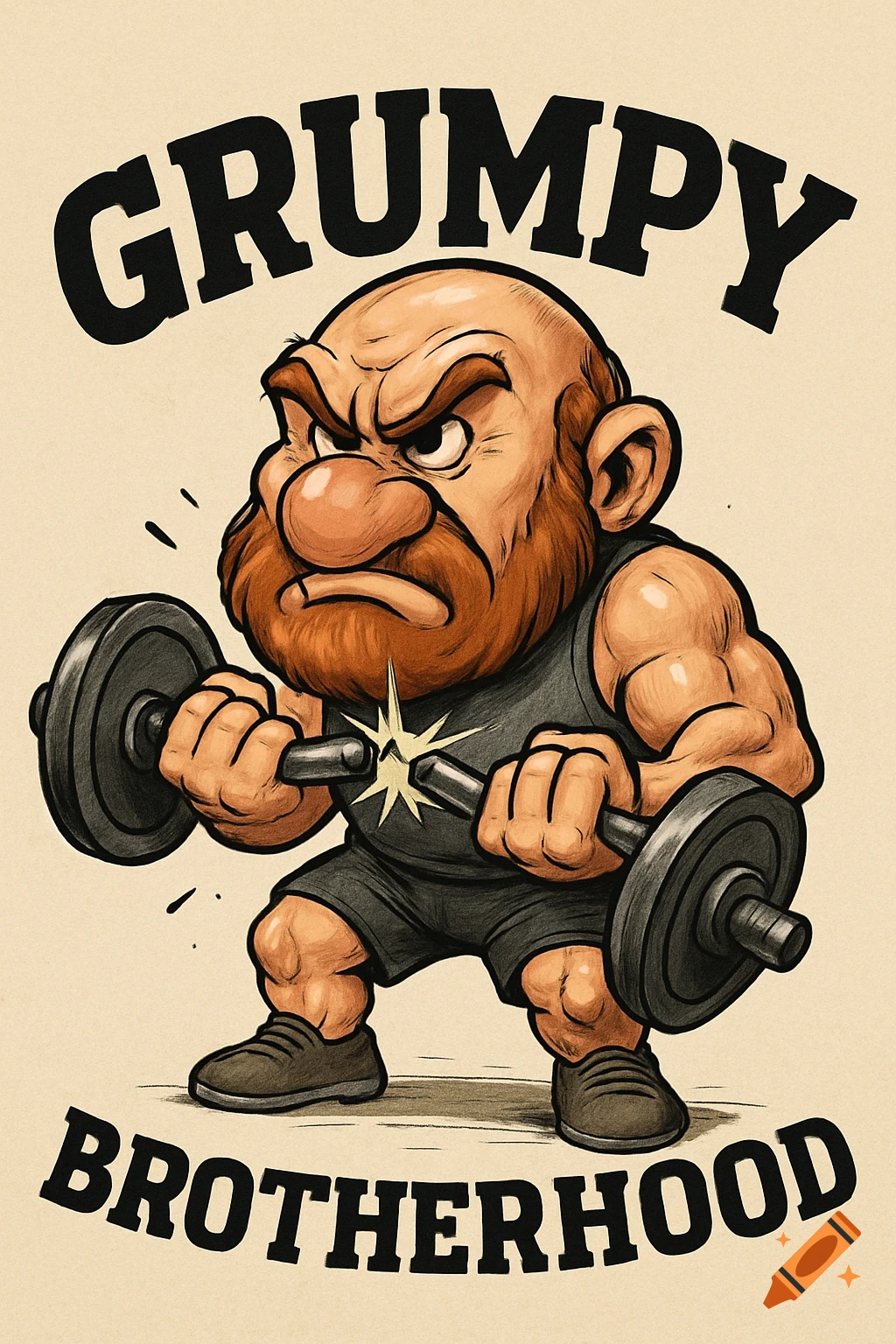 A cartoon of a grumpy, muscular dwarf breaking a barbell while squatting, with 'GRUMPY BROTHERHOOD' text.