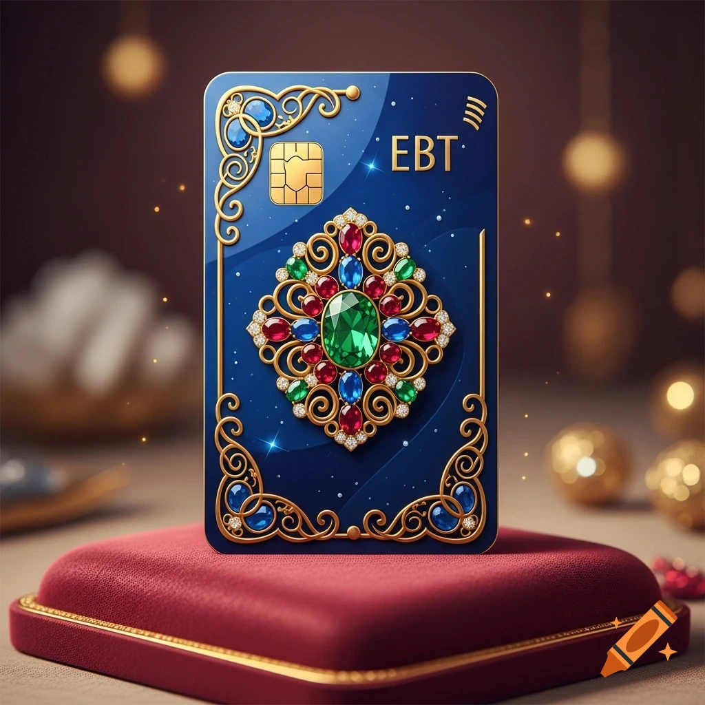 A dark blue EBT card, ornately decorated with gold filigree and numerous red, green, and blue jewels, stands on a red velvet box.