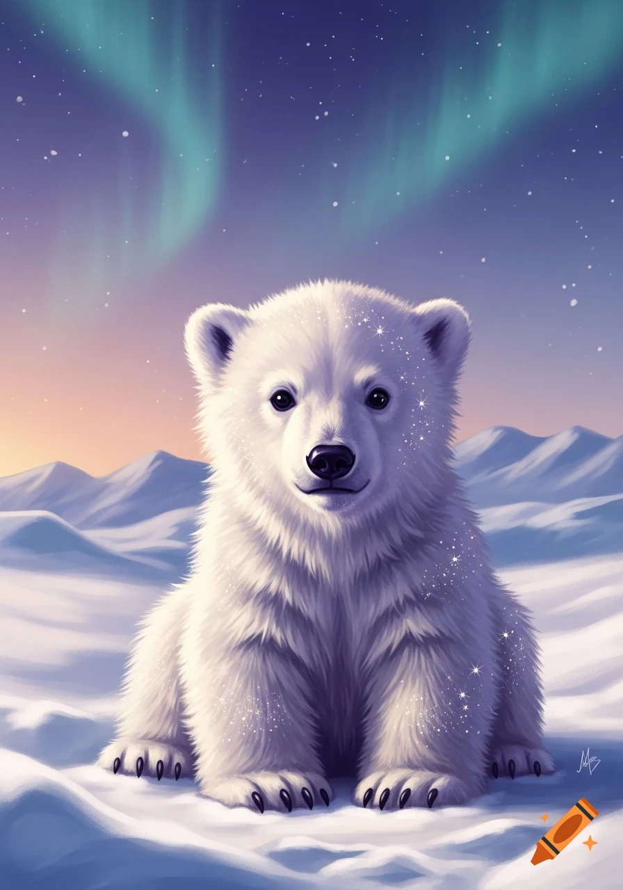Fluffy white baby polar bear with sparkling fur sitting in a snowy arctic landscape under a purple sky with green aurora borealis.