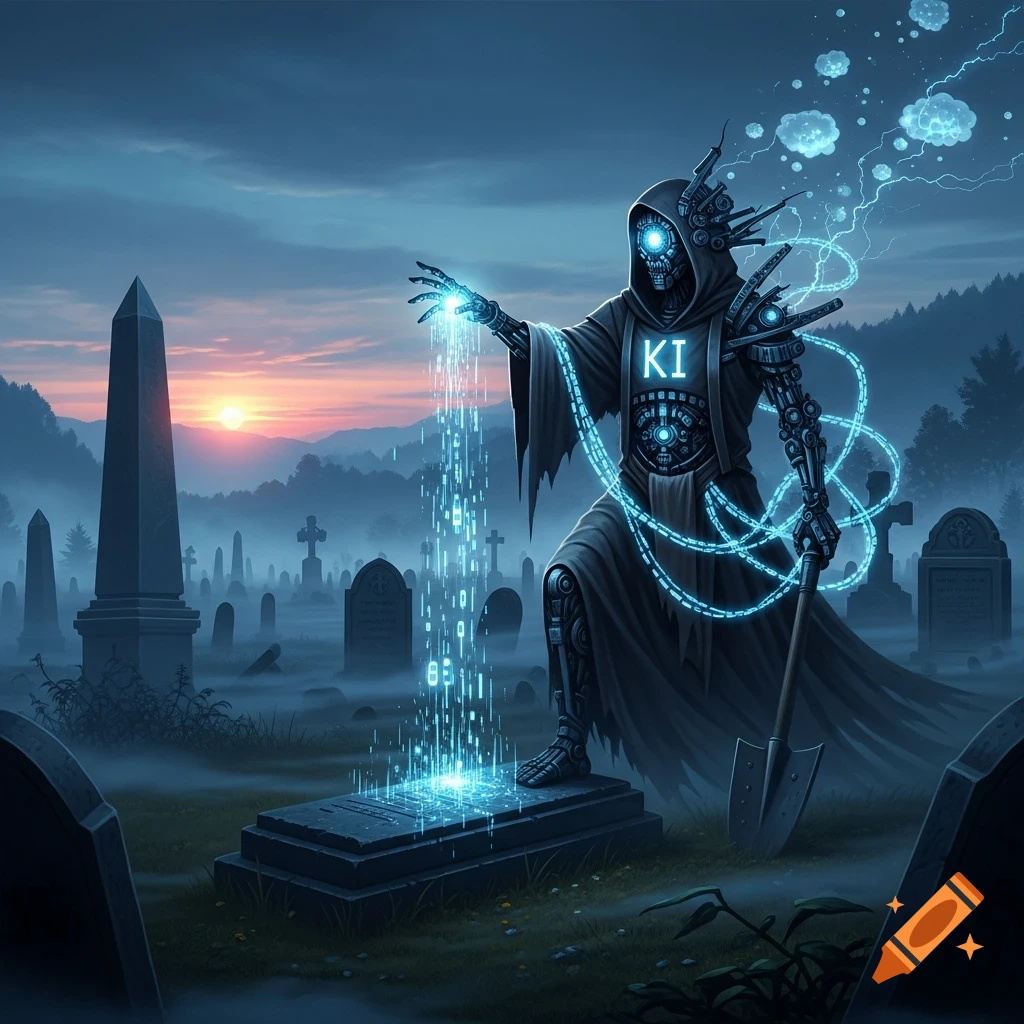 A hooded cyborg grim reaper figure with glowing blue circuitry stands in a foggy cemetery at sunset, casting digital light onto a tombstone.