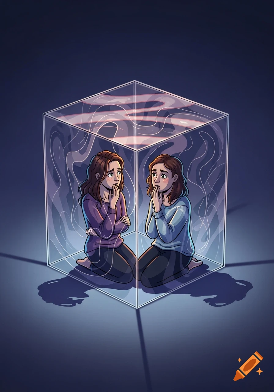 Illustration of two distressed women kneeling inside a transparent cube, looking worried.