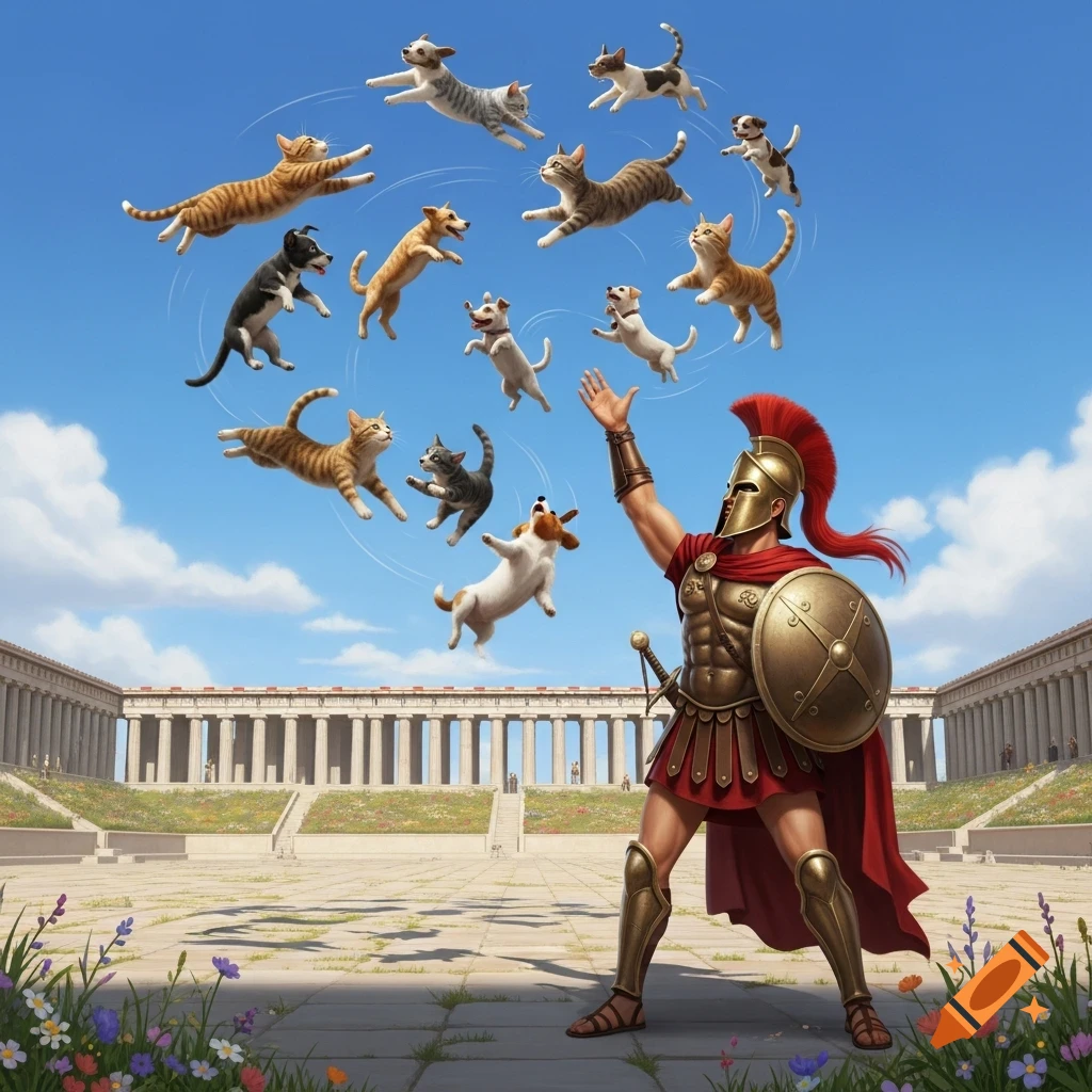 A Spartan warrior in armor and a red cape tosses various cats and dogs into the air above ancient Greek ruins on a sunny day.