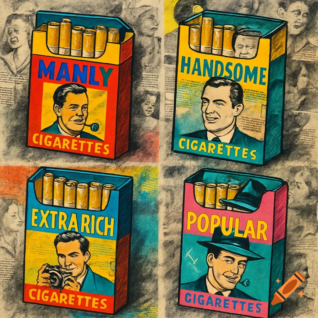Four vintage cigarette ad boxes with men, labeled 'Manly,' 'Handsome,' 'Extra Rich,' and 'Popular,' on a charcoal background.