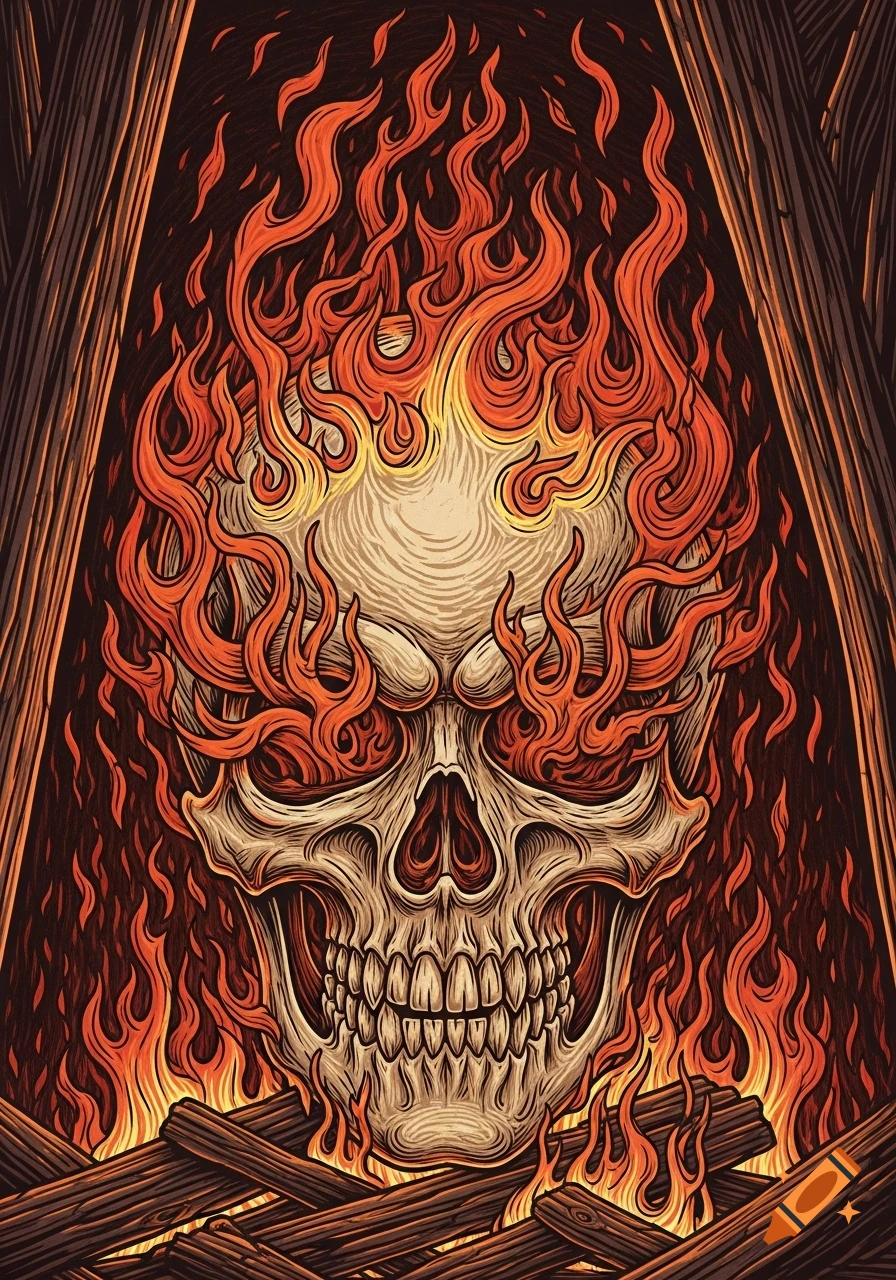 A stylized woodcut illustration of a skull consumed by orange flames, set against a dark background with wooden planks.