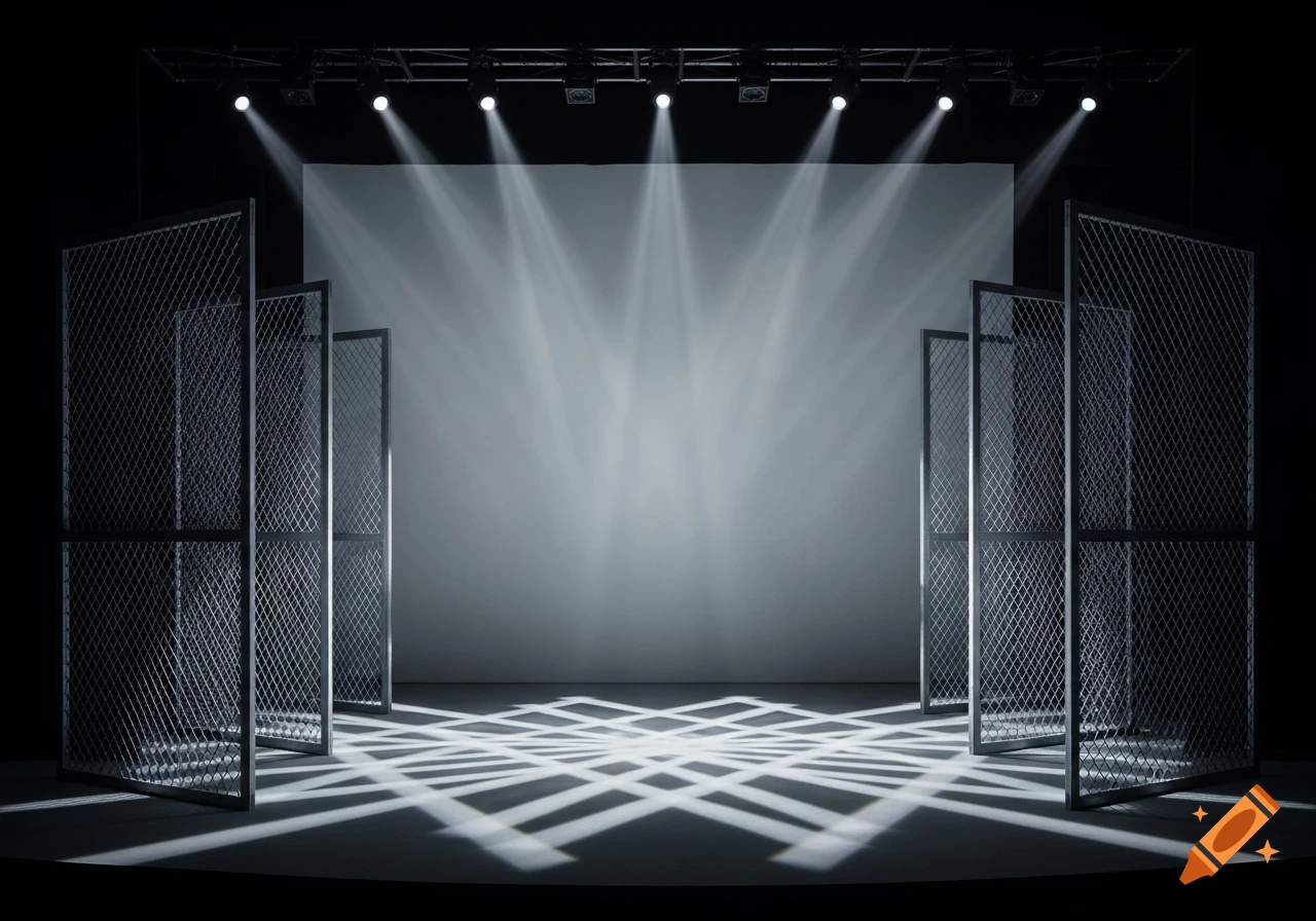 A theatre stage set with open mesh fencing wings on either side, a plain grey back wall, and bright spotlights casting crisscrossing shadows on the floor.