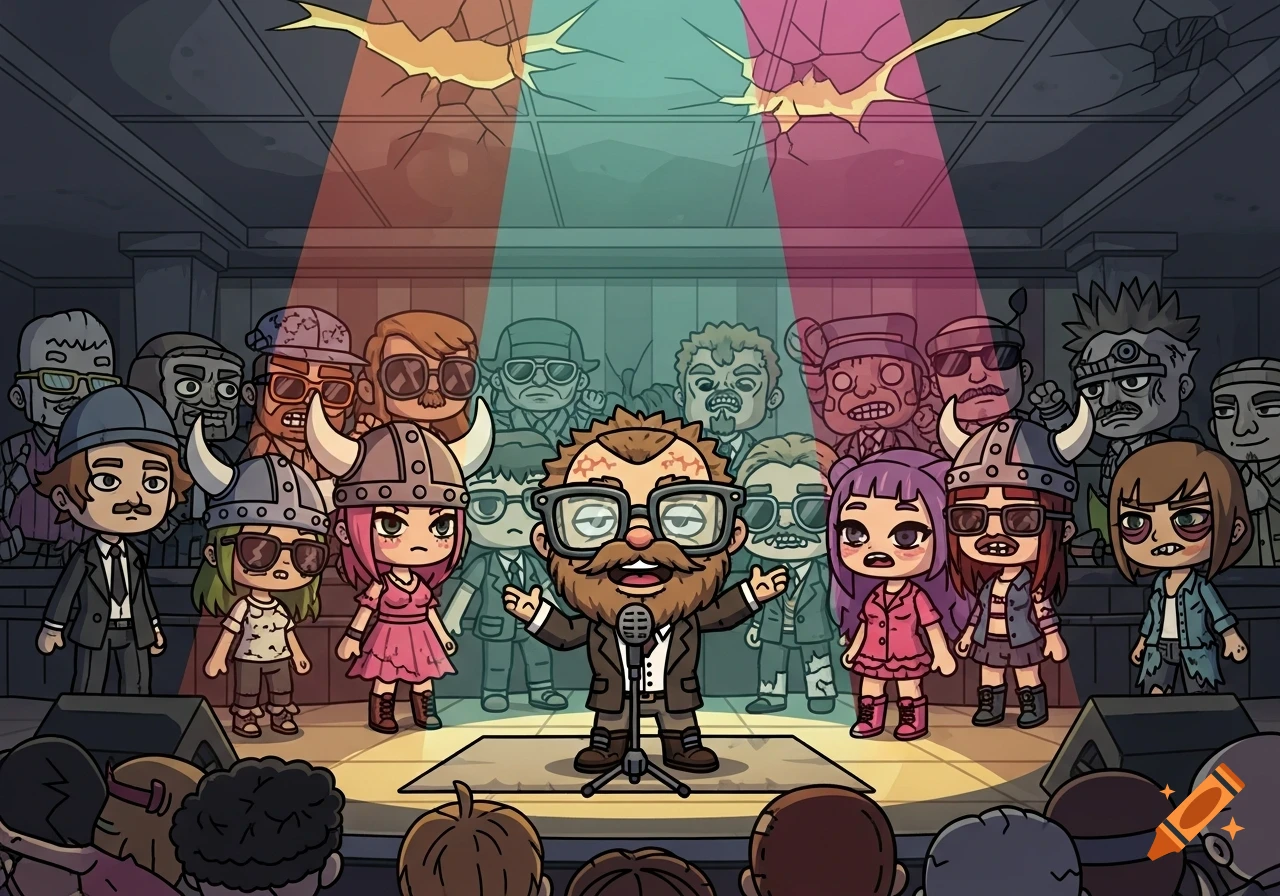 Cartoon illustration of a bearded man speaking at a microphone on stage, surrounded by a diverse, quirky audience in a dimly lit venue.