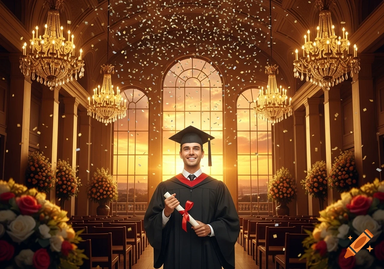 Smiling graduate in a cap and gown holding a diploma in a grand hall with chandeliers, confetti, and a sunset view.