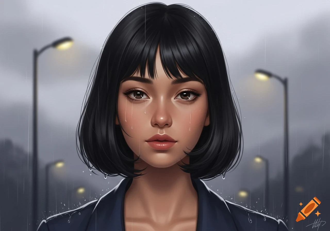 Digital illustration of a young woman with dark bobbed hair and tan skin, crying in the rain with streetlights in the background.