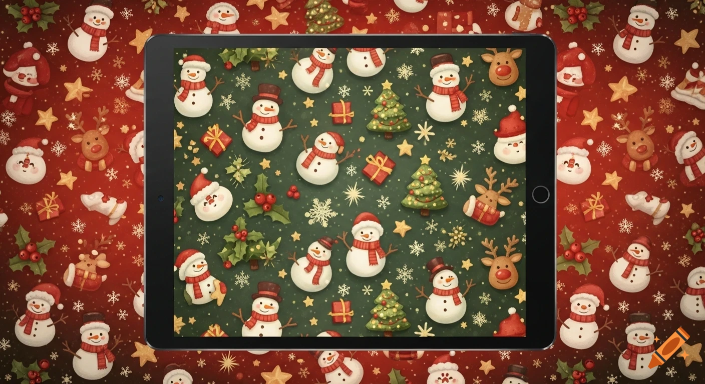 A cute, illustrated Christmas pattern featuring snowmen, trees, and reindeer displayed on a tablet, set against a matching red background.